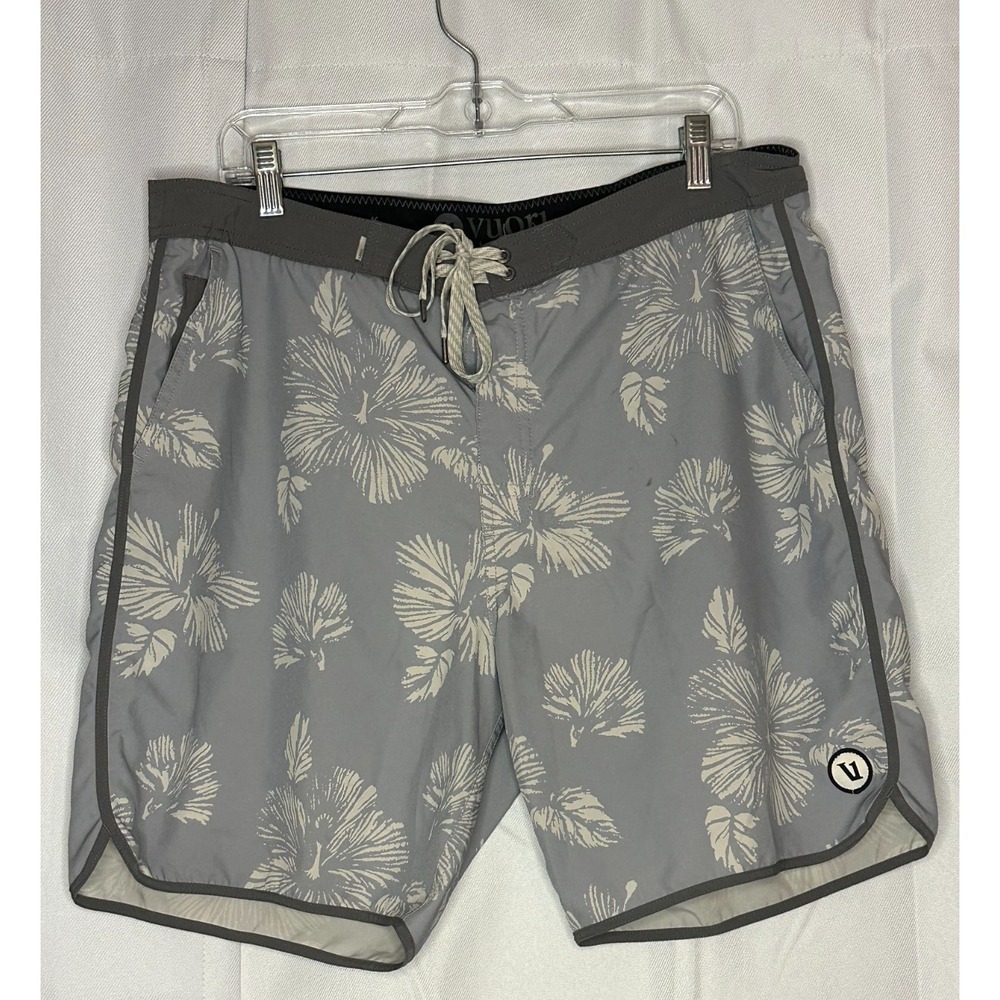 Vuori Mens 36 Boardshorts Gray Floral Hibiscus Swim Surf Trunks V314 8 Inseam